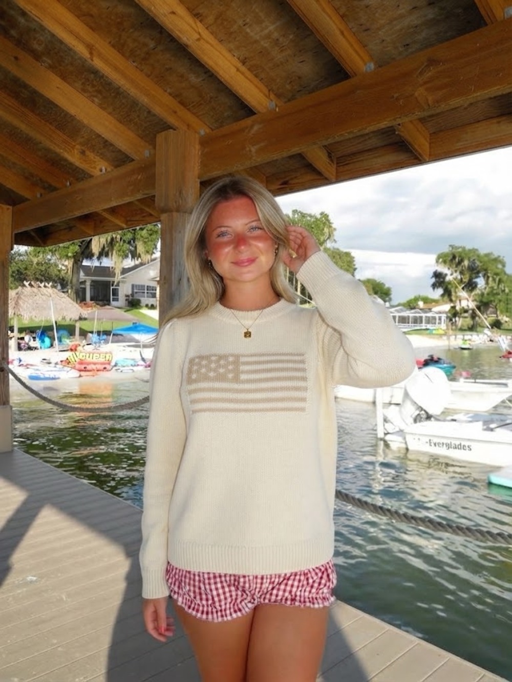 Tuckernuck Ivory Cotton American Flag Puff Sleeve Sweater Size XS
